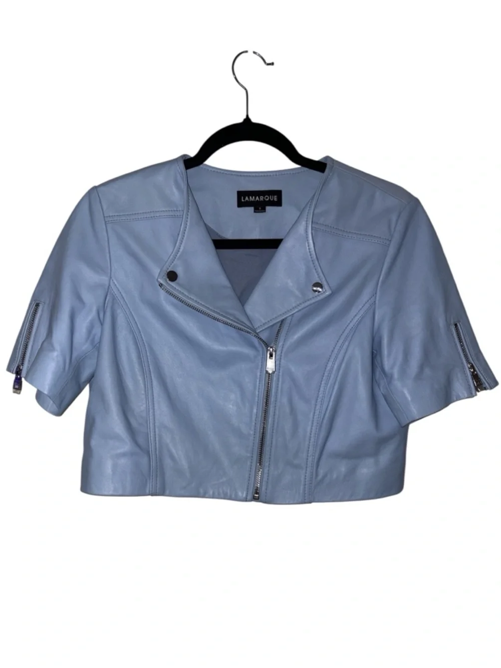 Lamarque Kirsi Cropped Leather Moto Biker Jacket in Cool Blue Sz Small NWOT